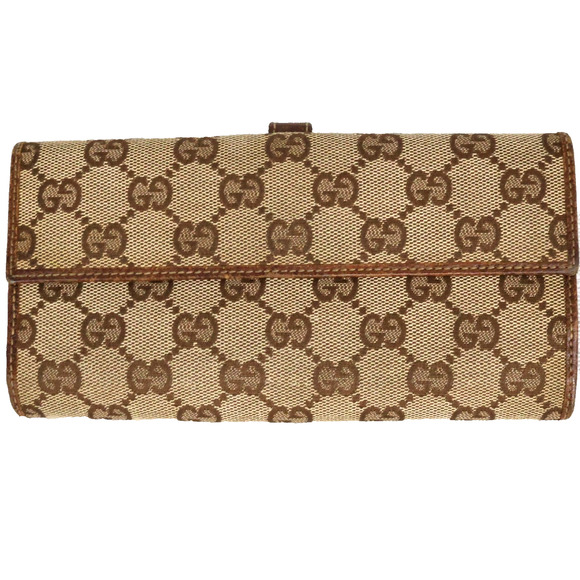 Gucci Wallet Clutch Womens Beige Brown Canvas Leather Trim Lined Pin Latch - Picture 2 of 11